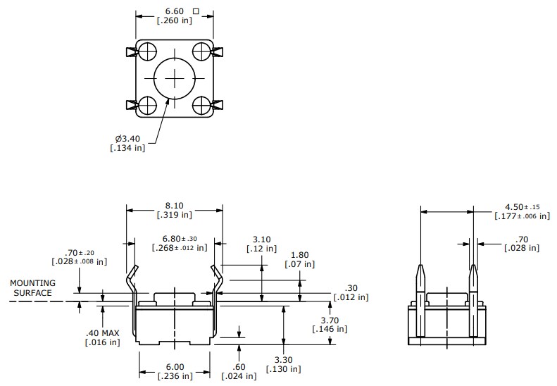 Mechanical Drawing - E-Switch RT1105 Reverse Through-hole Mounted Tact Switches